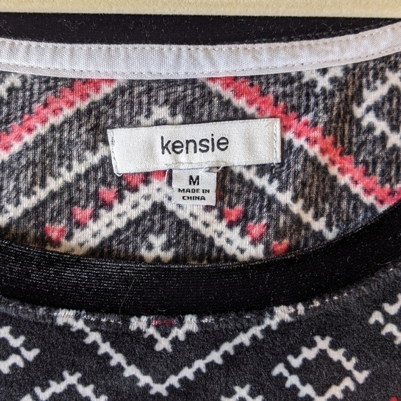 Kensie Pullover Sweatshirt Medium Black Fair Isle Print Long Sleeve Pocket - Picture 2 of 9